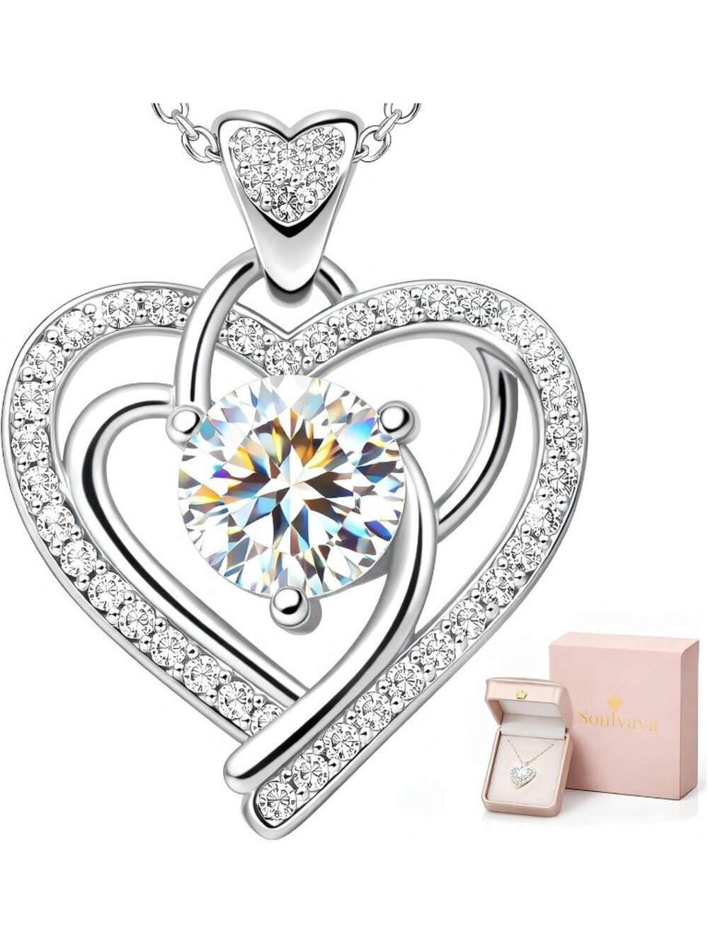 Women's 14k White Silver 925 Sterling Heart Moissanite Anniversary Gift Necklace